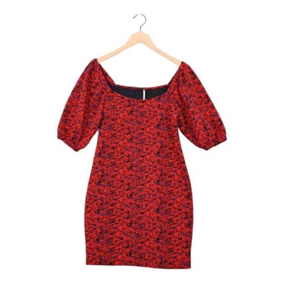 Free People red  & blue metallic Sunset puff sleeve cold shoulder mini dress L - Picture 8 of 16